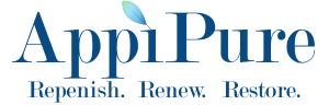 Appipure logo with a blue leaf replacing the tittle on i.